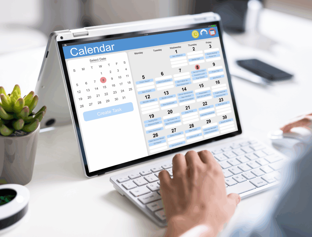 Auf dem Bild ist ein Tablet mit geöffnetem Terminkalender zu sehen. Ein Mensch trägt auf der Tastatur gerade einen neuen Termin mit Stella Reichmann ein.